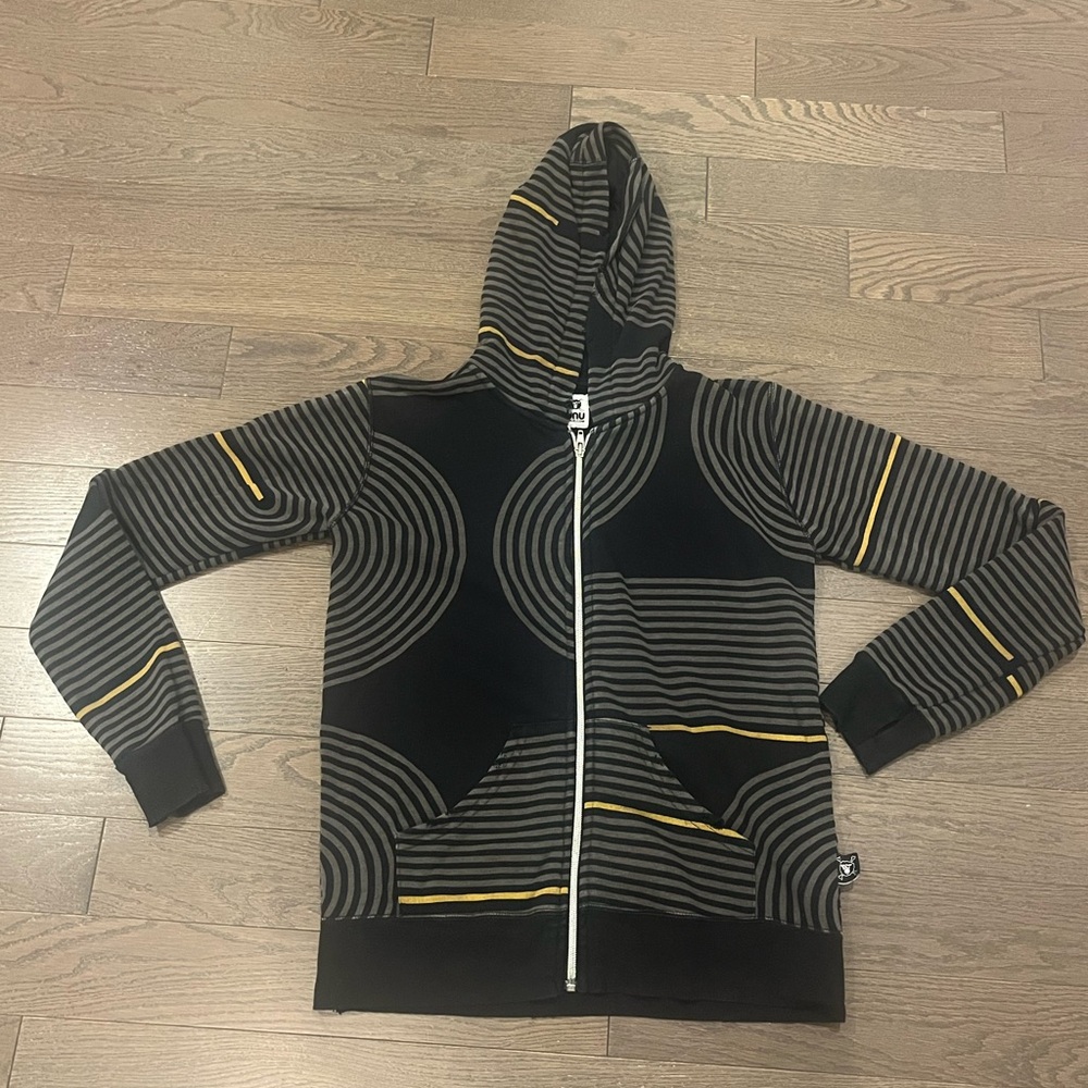 nununu Black and Gray Zip-Up Sweater with Yellow Accents